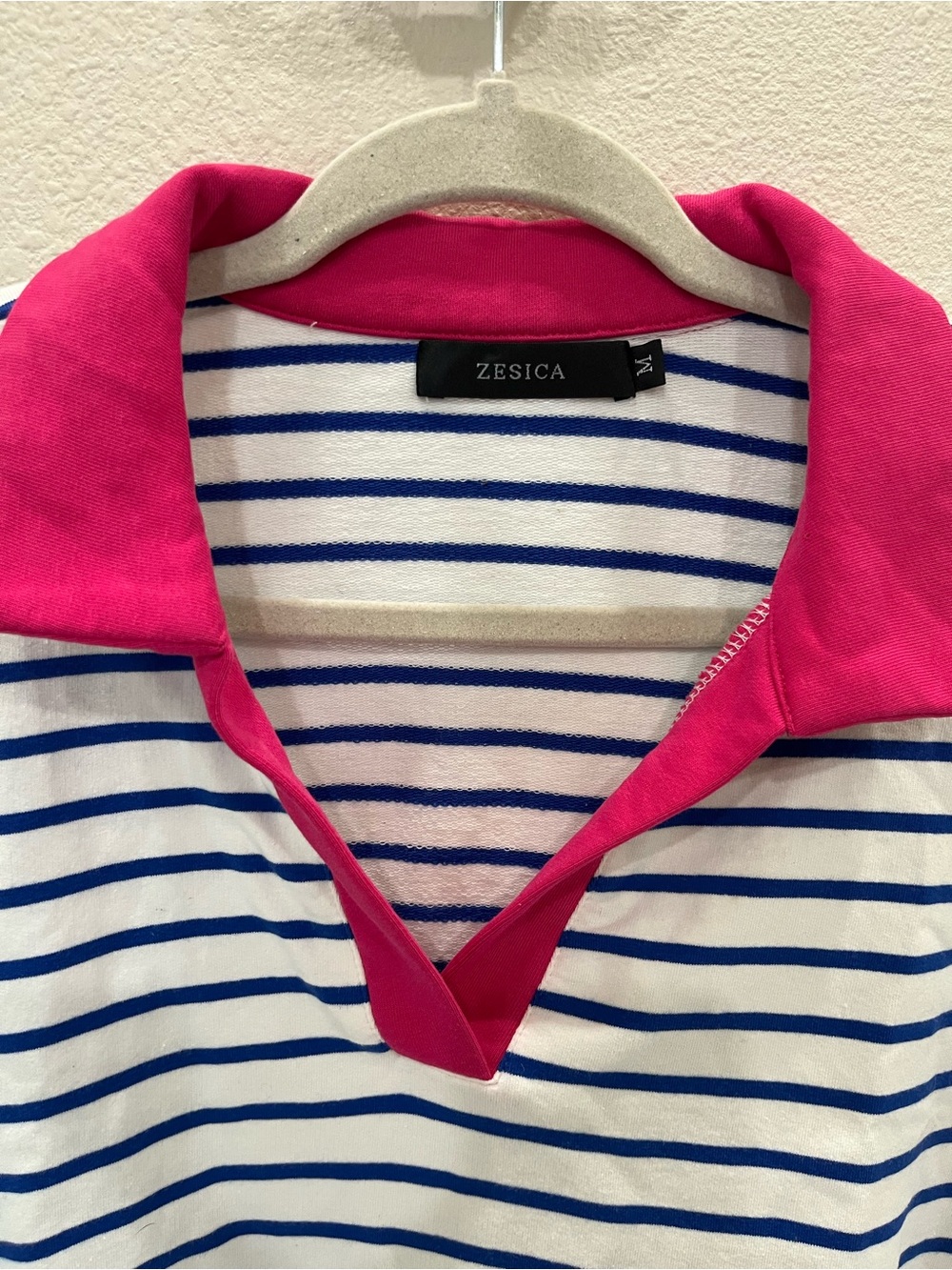 Zesica Striped V-Neck Collar Long Sleeve Top - White & Blue with Pink Collar - Picture 3 of 6